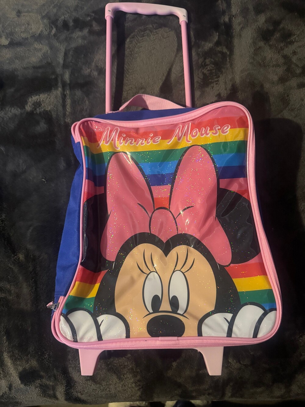 Disney Minnie Mouse Bioworld Pink Rolling Suitcase Rainbow Glitter